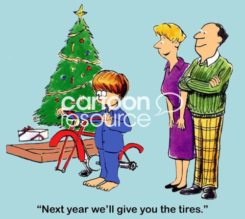 Color Christmas cartoon showing Christmas morning and the parents have given the young boy a bicycle without tires. They will give the tires next year.