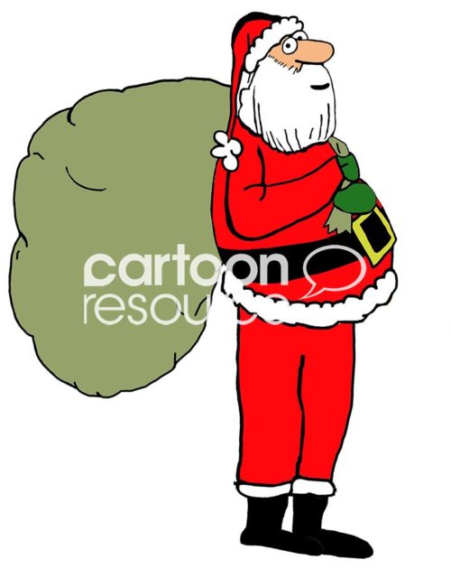 Color Christmas cartoon illustration showing a full-length Santa Claus in his red suit with his full, green gift bag.
