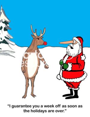 Color Christmas cartoon of Santa Claus and Rudolph talking in the North Pole. Santa Claus's nose is long as he tells Rudolph that Santa will give him a week off when the holidays are over.
