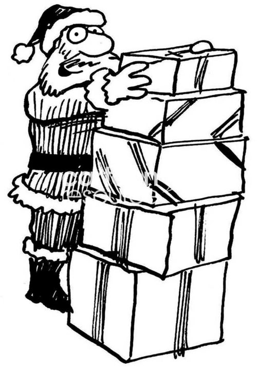 B&W Christmas cartoon illustration of Santa Claus somewhat precariously stacking five gift wrapped boxes.