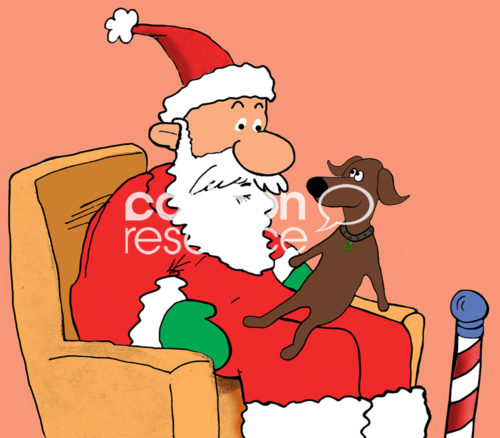 Color Christmas cartoon showing a brown dog sitting on Santa Claus's lap (at the mall).