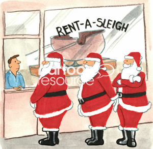 Color cartoon of several Santa Claus's standing in line to 'rent a sleigh' on Christmas Eve.