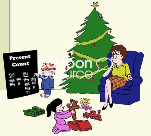 Color Christmas cartoon showing Christmas morning and a Mother who feels like she cannot win.  The son is keeping a tally of the gifts he and his sister have received.