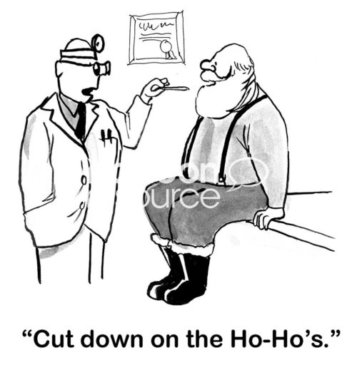B&W Christmas cartoon showing a doctor giving advice to an overweight and jolly Santa Claus to 'cut down on the Ho-Ho's'.