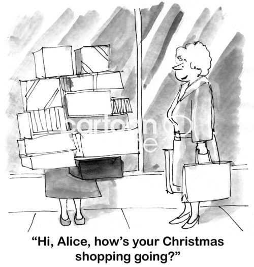 Christmas b&w cartoon of two women talking on the street. One has lots and lots of packages, successful shopping.