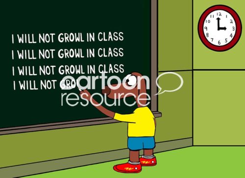 Education color cartoon of a brown dog boy writing on the blackboard, 'I will not growl in class'.