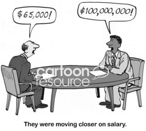 Hiring cartoon showing a male Human Resources recruiter and a male job candidate negotiating salary - they are far apart still, but closer than they were.