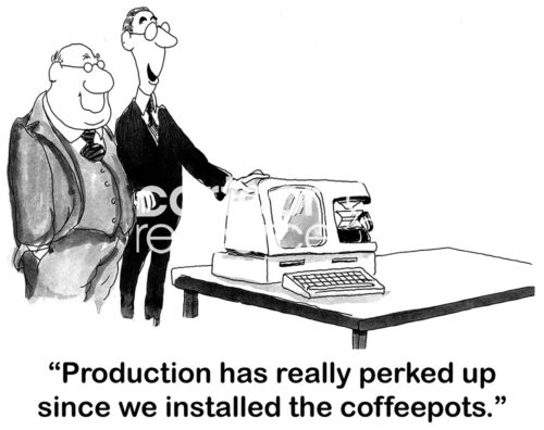 Computer cartoon showing that production has really perked up since coffeepots have been added to each desktop computer.