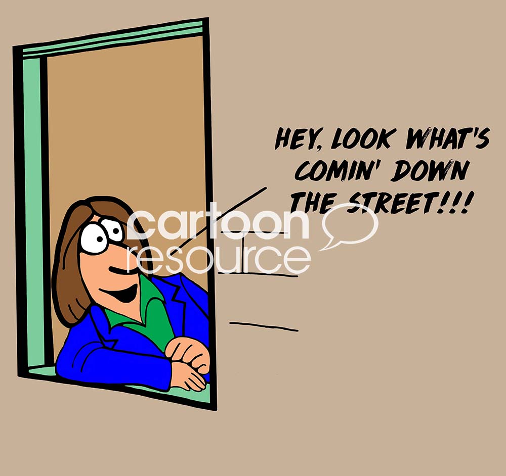 Color cartoon of an excited business woman looking out a window and saying 'look what's coming down the street!'.