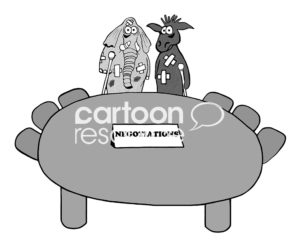 B&W conflict cartoon illustration showing an elephant and a donkey, both with many bandages and a crutch, at a Negotiations table.