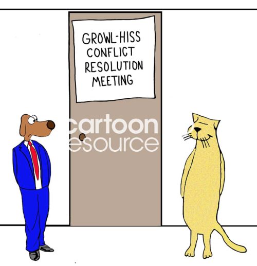 Color conflict cartoon showing a business cat and a business dog about to enter the 'growl-hiss conflict resolution meeting'.