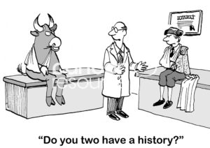 B&W conflict cartoon of a matador and a bull, both with their arm in a sling, visiting the doctor. The doctor asks 'do you two have a history?'.