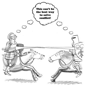 B&W conflict cartoon showing two men jousting and both thinking, 'this can't be the best way to solve conflict'.