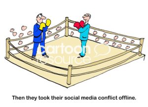 Color conflict cartoon showing two men boxing in a boxing ring, 'then they took their social media conflict offline'.