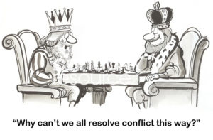 B&W conflict cartoon showing two kings playing chess, rather than going to battle, to resolve their conflict.