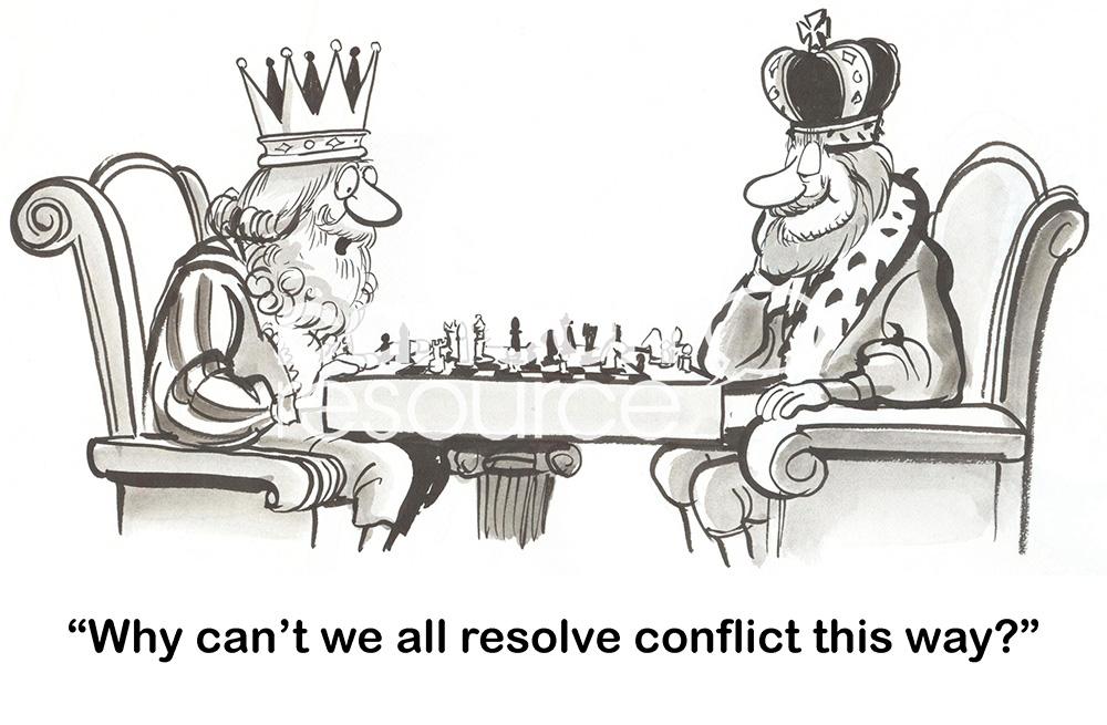 B&W conflict cartoon showing two kings playing chess, rather than going to battle, to resolve their conflict.