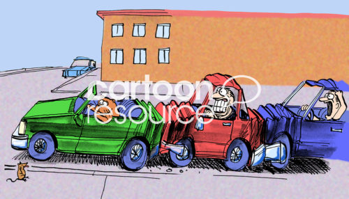 Color conflict cartoon showing a cat, driving a car, and slamming on the brakes when it sees a mouse causing the cars behind him to rear-end.