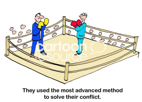 Color conflict cartoon showing two businessmen in the boxing ring with gloves on. "They used the most advanced method to solve their conflict."