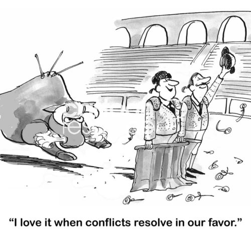 B&W conflict cartoon showing two cocky matadors, who think they've resolved the conflict, about to be surprised by a charging bull.