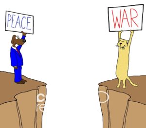 Color conflict cartoon showing cat on one cliff facing a dog on another cliff. Their signs read 'war' and 'peace', respectively.