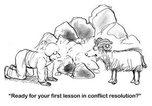 B&W conflict cartoon showing a man and a mountain goat.  The mountain goat is teaching the man his first lesson in conflict resolution.