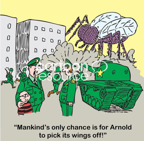 Color conflict cartoon showing the military and young boy about to battle an enormous bug monster. "Mankind's only chance is for Arnold to pick its wings off'.