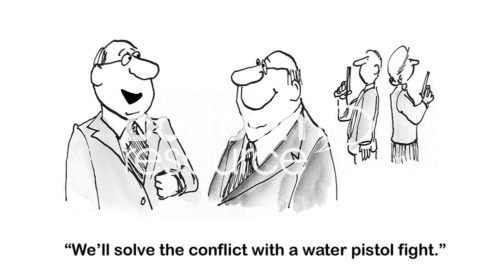 B&W conflict cartoon showing a male and a female worker in the background, upset with each other. In the foreground, the boss says to a coworker, 'we'll solve the conflict with a water pistol fight'.
