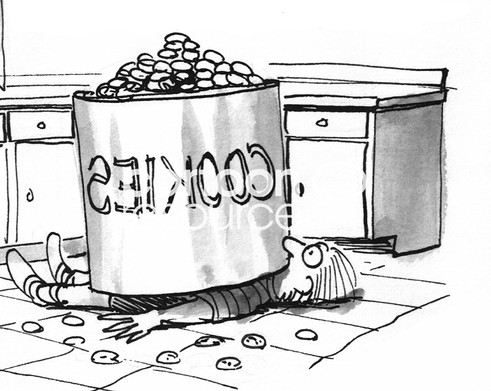 Family b&w cartoon of a boy with a huge cookie jar on top of him. His climb up on the kitchen counter did not work as he planned.