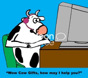 Color customer service cartoon of a dairy cow representative answering the phone for 'Wow Cow Gifts, how may I help you?'.