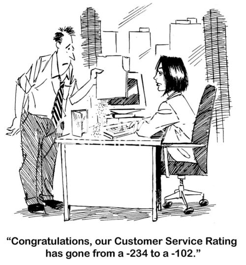 Customer service B&W cartoon of two office people, 'Congratulations, our customer service rating has gone from a -234 to a -102'.