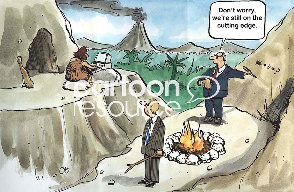 Technology color cartoon showing a Stone Age man using a desktop computer. The two office men, with no computers, are looking at him and saying, "Don't worry we're still on the cutting edge".