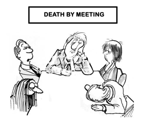 Meeting cartoon showing a business meeting that has gone on for too long and team members are bored and sleepy.  It is 'death by meeting'.