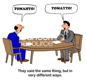Education color cartoon showing two men debating how to say the word 'tomato' -- 'tomahto' or 'tomayto'.