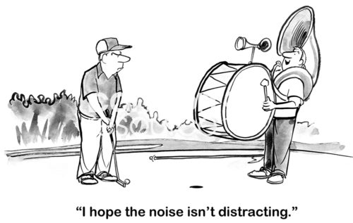 Golf cartoon showing a one-man band distracting an intent and angry male golfer.