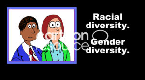 HR color cartoon of an African-American man and a red-headed woman, "Racial diversity, gender diversity'.