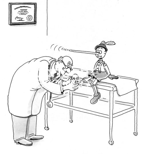 Medical b&w cartoon of a doctor trying to examine Pinocchio.