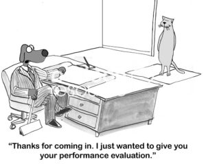Conflict b&w cartoon of a business dog and business cat. The business dog is giving the 'performance evaluation' to the cat, dropping it into an alligator pit.