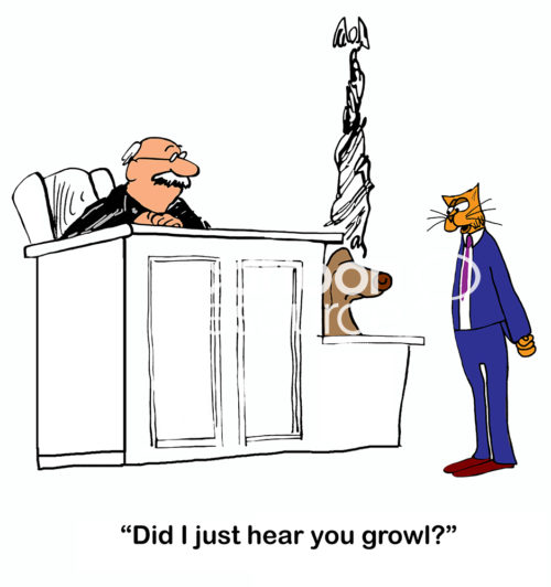 Legal color cartoon of a courtroom. The cat lawyer says to the dog on the witness stand, 'Did I just hear you growl?'.