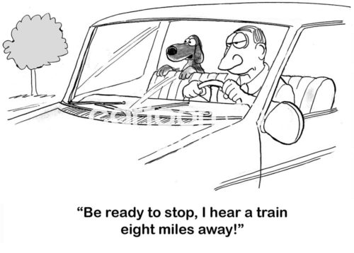 Dog b&w cartoon riding in a car, very excited that he hears a train eight miles away.