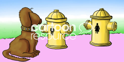 Dog color cartoon of a brown dog trying to decide whether to use the male fire hydrant or female fire hydrant.