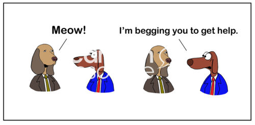 Dog color cartoon of two male dogs. One meows. The other states, 'I'm begging you to get help'.