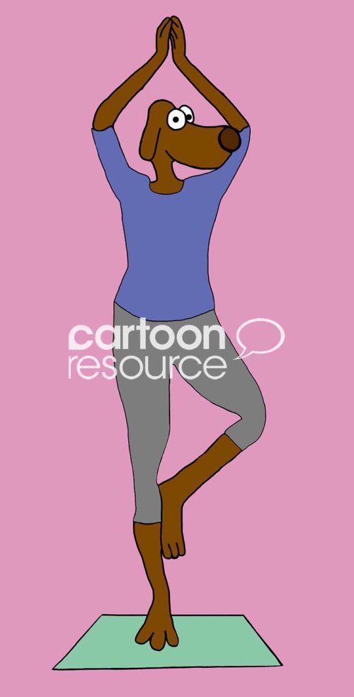 Color cartoon of a female brown dog wearing yoga clothes and doing a yoga pose.