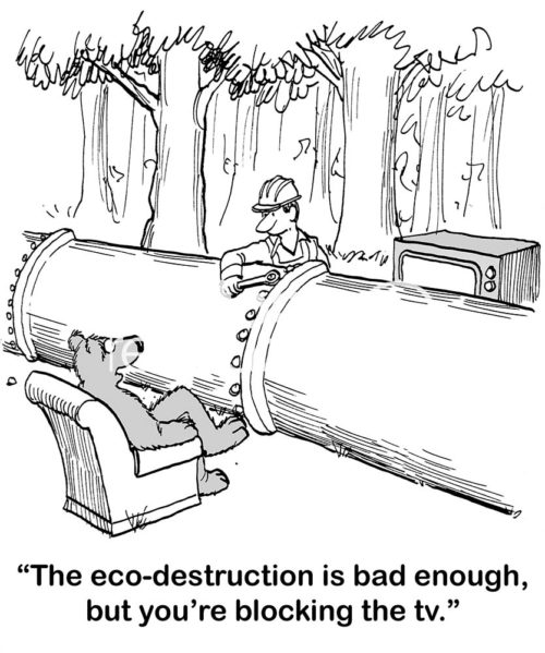 Wildlife b&w cartoon showing a bear sitting in front of a huge pipeline and saying to the male worker, "The eco-destruction is bad enough, but you're blocking the tv".