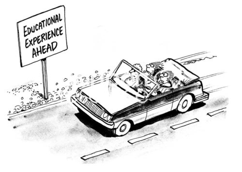 Family b&w cartoon showing a family in a car with the sign 'educational experience ahead'.