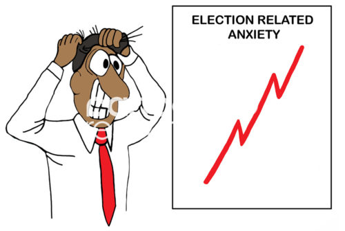 Political color cartoon of an African-American male gritting his teeth and pulling at his hair. The chart shows a steep increase in 'election related anxiety'.