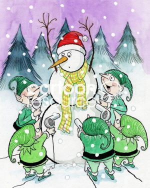 Christmas color cartoon of five mischievous elves blowing hot hair dryers onto an astonished snowman.