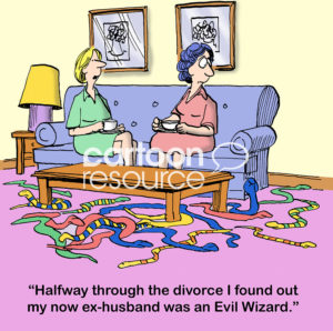 Marriage color cartoon of a home with snakes all over the floor. The woman says to her female friend, "Halfway through the divorce I found out my now ex-husband was an Evil Wizard".