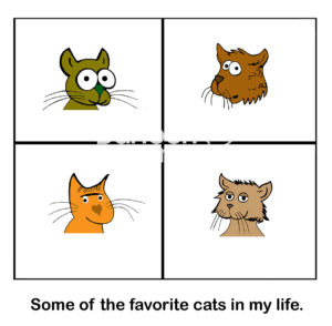 Cat color cartoon illustration showing the head and neck of four loving cats, 'some of the favorite cats in my life'.