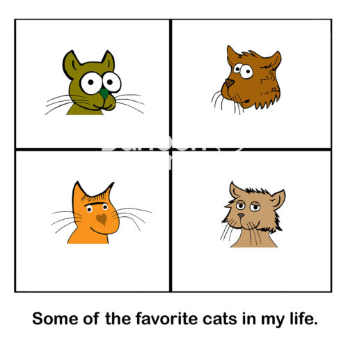 Cat color cartoon illustration showing the head and neck of four loving cats, 'some of the favorite cats in my life'.