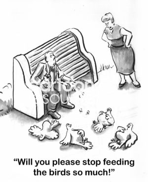 Family b&w cartoon of a woman shouting to a man on a park bench, with fat birds near him, "will you lease stop feeding the birds so much!".